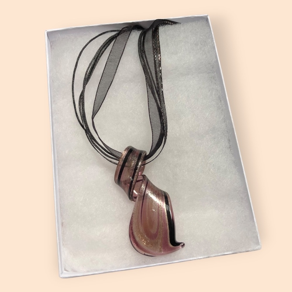 Handblown Glass Pendant Necklace Shimmery Ribbon Chain Pink Gold Black Artsy